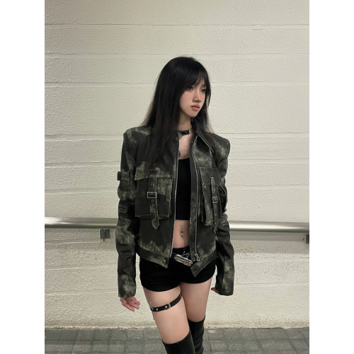 7iAe 輕punk皮衣美式街頭復古做舊辣妹外套女秋冬季機車夾克上衣