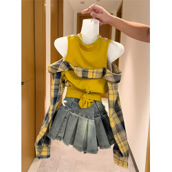 韓版設計感露肩假兩件長袖格子襯衫女秋季新款小衆修身別致上衣潮