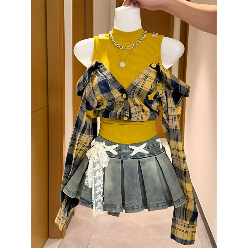 韓版設計感露肩假兩件長袖格子襯衫女秋季新款小衆修身別致上衣潮