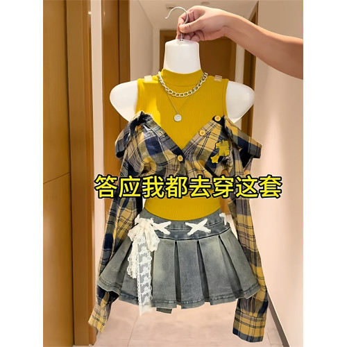 韓版設計感露肩假兩件長袖格子襯衫女秋季新款小衆修身別致上衣潮