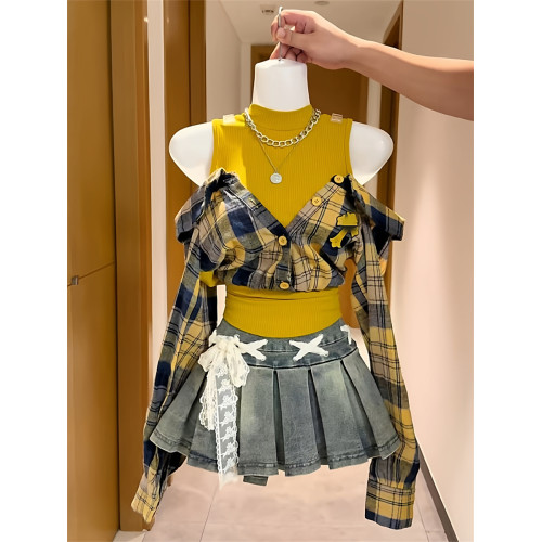 韓版設計感露肩假兩件長袖格子襯衫女秋季新款小衆修身別致上衣潮