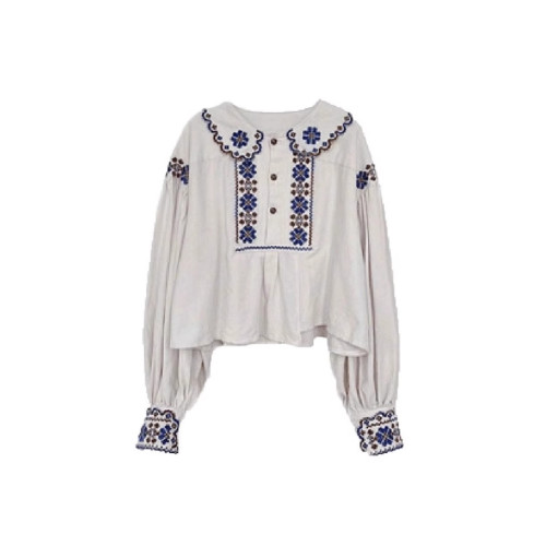 民族風刺綉娃娃領長袖襯衫女春秋2026新款森系復古寬鬆超好看上衣