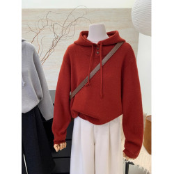 大牌剪標撤櫃撿漏新年紅色連帽套頭針織衫女秋冬通勤百搭顯瘦毛衣