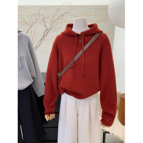 大牌剪標撤櫃撿漏新年紅色連帽套頭針織衫女秋冬通勤百搭顯瘦毛衣