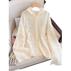 法式蕾絲刺綉鉤花連帽正肩防曬外套女2025夏大碼胖mm外搭雪紡上衣