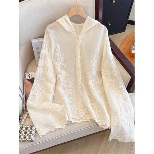 法式蕾絲刺綉鉤花連帽正肩防曬外套女2025夏大碼胖mm外搭雪紡上衣