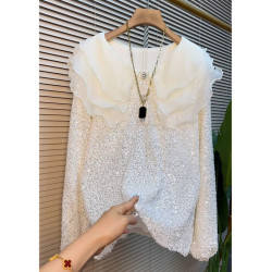 2026年春季新款時尚娃娃領亮片襯衫女寬鬆顯瘦法式氣質蕾絲小衫