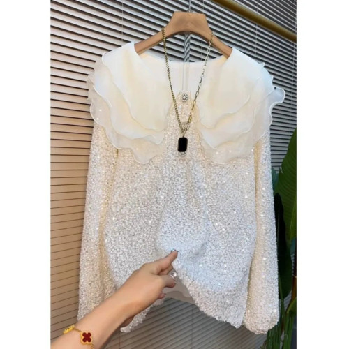 2026年春季新款時尚娃娃領亮片襯衫女寬鬆顯瘦法式氣質蕾絲小衫