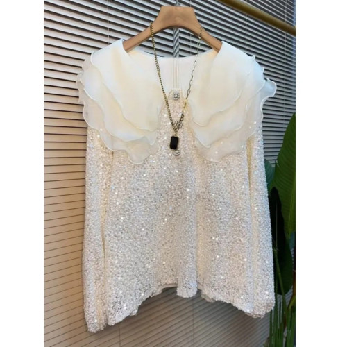 2026年春季新款時尚娃娃領亮片襯衫女寬鬆顯瘦法式氣質蕾絲小衫