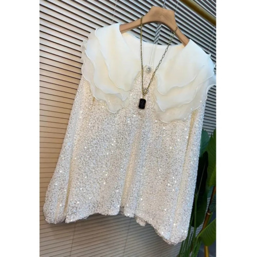 2026年春季新款時尚娃娃領亮片襯衫女寬鬆顯瘦法式氣質蕾絲小衫