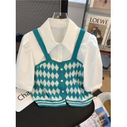 假兩件短袖針織小衫女夏季法式設計感小衆減齡洋氣粉色小香風上衣