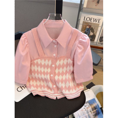 假兩件短袖針織小衫女夏季法式設計感小衆減齡洋氣粉色小香風上衣