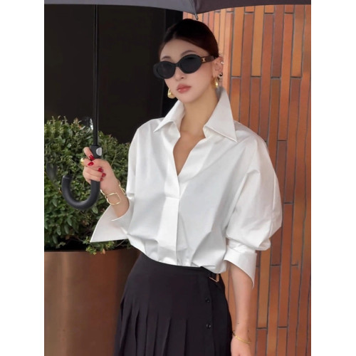 法式V領通勤正裝襯衫女春秋新款高級感職業休閒寬鬆顯瘦百搭上衣