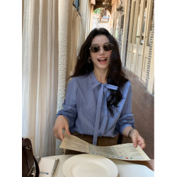 pusumede 轉角街頭 藍色蝴蝶結綁帶條紋襯衫女長袖襯衣氣質上衣