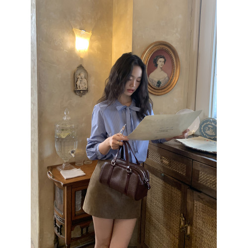 pusumede 轉角街頭 藍色蝴蝶結綁帶條紋襯衫女長袖襯衣氣質上衣