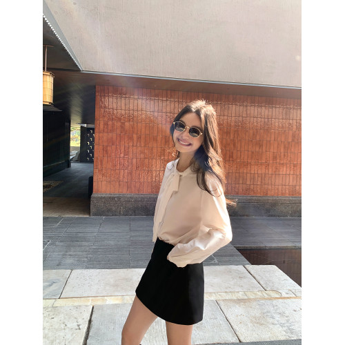 pusumede 轉角街頭 藍色蝴蝶結綁帶條紋襯衫女長袖襯衣氣質上衣