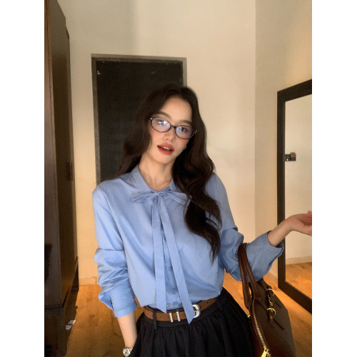 pusumede 轉角街頭 藍色蝴蝶結綁帶條紋襯衫女長袖襯衣氣質上衣