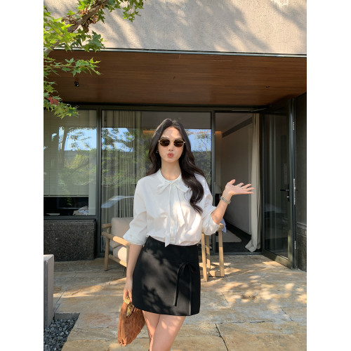 pusumede 轉角街頭 藍色蝴蝶結綁帶條紋襯衫女長袖襯衣氣質上衣