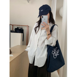 韓系休閒氣質簡約條紋襯衫女2025秋季新款寬鬆設計感小衆通勤襯衣
