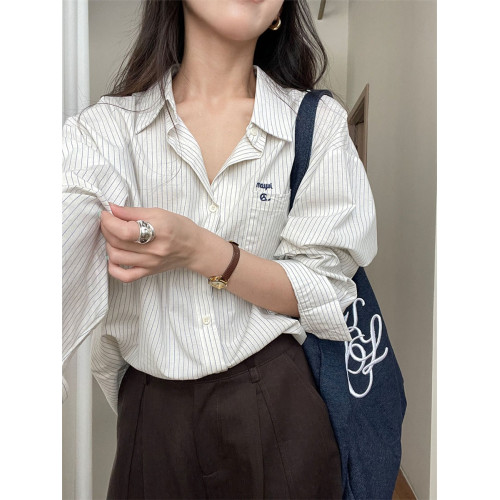 韓系休閒氣質簡約條紋襯衫女2025秋季新款寬鬆設計感小衆通勤襯衣