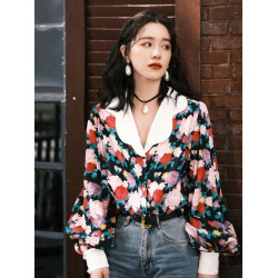 復古港風碎花燈籠袖襯衫女春秋季新款法式港味設計感小衆長袖上衣