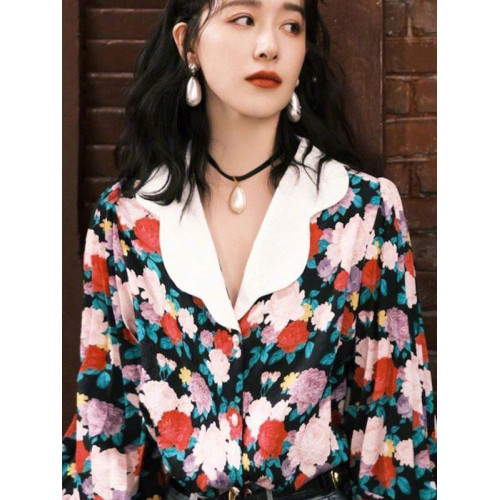 復古港風碎花燈籠袖襯衫女春秋季新款法式港味設計感小衆長袖上衣