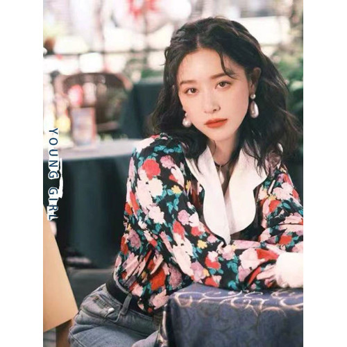 復古港風碎花燈籠袖襯衫女春秋季新款法式港味設計感小衆長袖上衣