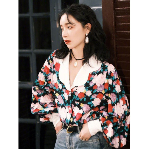 復古港風碎花燈籠袖襯衫女春秋季新款法式港味設計感小衆長袖上衣