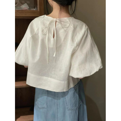 牛X貨 巨炸裂！今年流行爆款歐貨燈籠袖短款簡約氣質襯衣系帶上衣