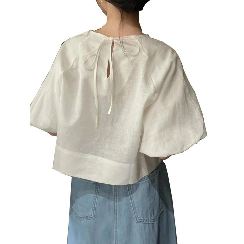 牛X貨 巨炸裂！今年流行爆款歐貨燈籠袖短款簡約氣質襯衣系帶上衣