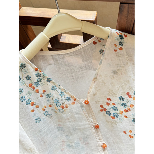 商場折釦剪標外套小衫女設計印花休閒薄款七分袖苧麻V領襯衫