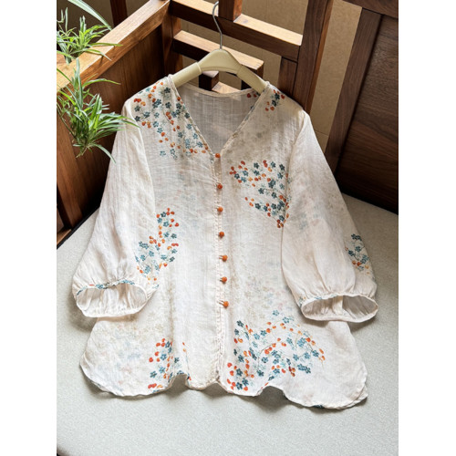 商場折釦剪標外套小衫女設計印花休閒薄款七分袖苧麻V領襯衫