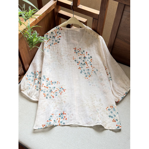 商場折釦剪標外套小衫女設計印花休閒薄款七分袖苧麻V領襯衫