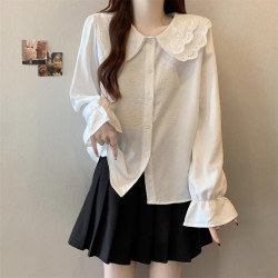 白色娃娃領長袖襯衫女2025春裝新款大碼胖mm顯瘦超火內搭襯衣上衣