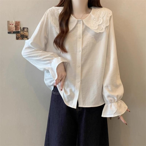 白色娃娃領長袖襯衫女2025春裝新款大碼胖mm顯瘦超火內搭襯衣上衣