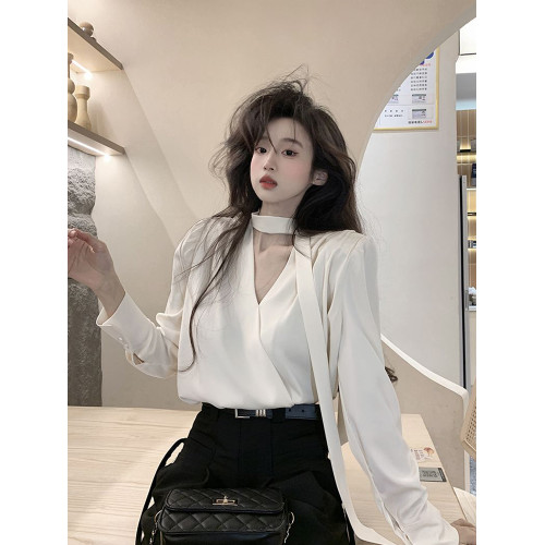 飄帶雪紡襯衫女長袖春秋設計感小衆上衣法式輕奢氣質掛脖職業襯衣