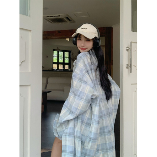 大碼港味復古格子防曬襯衫女夏季慵懶風Polo領中長款寬鬆外搭上衣