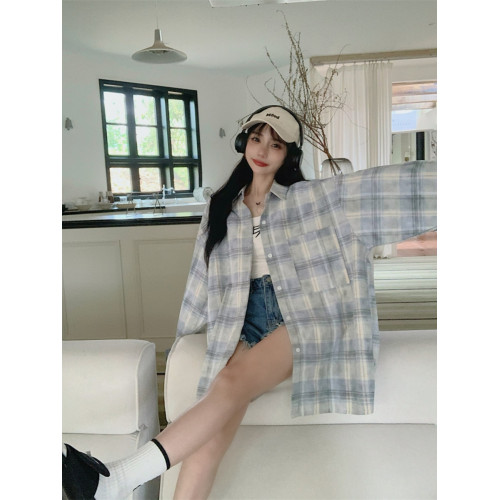 大碼港味復古格子防曬襯衫女夏季慵懶風Polo領中長款寬鬆外搭上衣