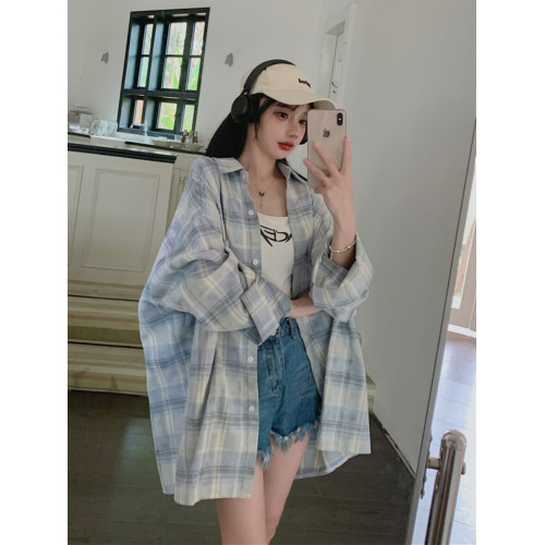 大碼港味復古格子防曬襯衫女夏季慵懶風Polo領中長款寬鬆外搭上衣