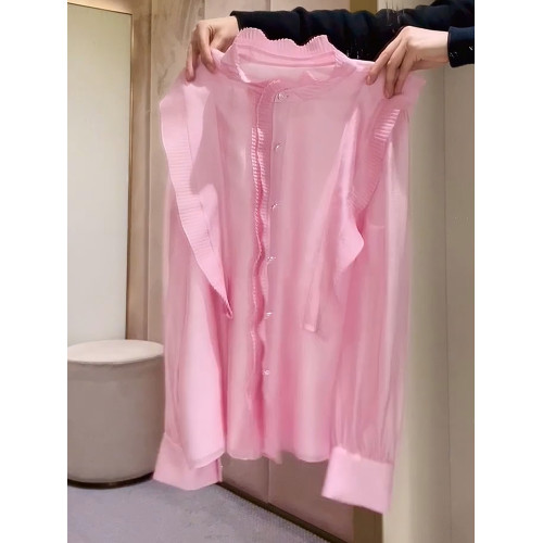 2026年春法式簡約優雅粉色百褶襯衫新款高級減齡花邊小衆設計上衣