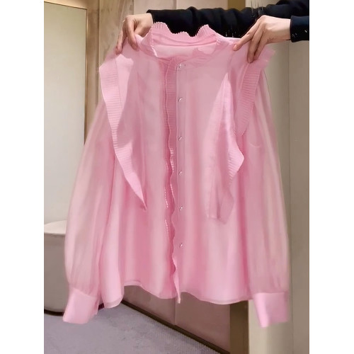 2026年春法式簡約優雅粉色百褶襯衫新款高級減齡花邊小衆設計上衣