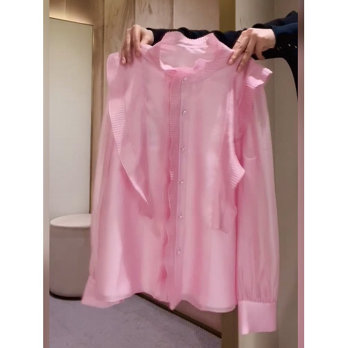 2026年春法式簡約優雅粉色百褶襯衫新款高級減齡花邊小衆設計上衣