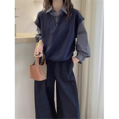 假兩件衛衣拼接格子襯衫女長袖胖妹妹大碼女裝寬鬆顯瘦遮肚子上衣