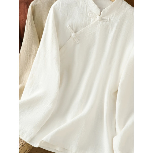 棉麻長袖襯衫女2025春秋裝新款中式立領斜襟盤釦上衣復古禪意茶服