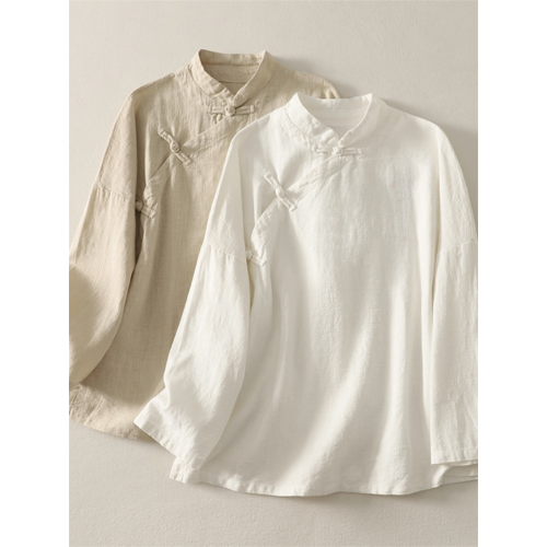 棉麻長袖襯衫女2025春秋裝新款中式立領斜襟盤釦上衣復古禪意茶服