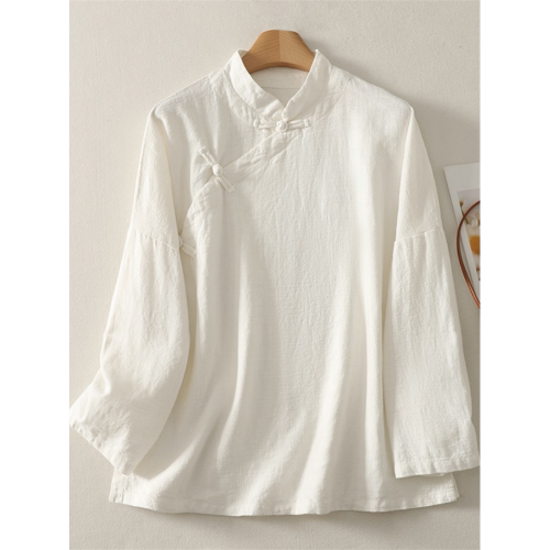 棉麻長袖襯衫女2025春秋裝新款中式立領斜襟盤釦上衣復古禪意茶服