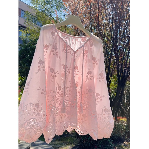 法式時尚甜美長袖蕾絲襯衫2025新款粉色溫柔寬鬆洋氣鏤空上衣女夏