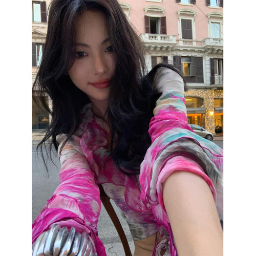 Turn right/陳大腿 多巴胺復古印花綁帶上衣女短款露臍襯衫外套潮