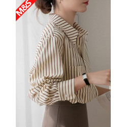 長袖條紋襯衫女秋季磨毛曡穿燈芯絨襯衣夏薄款復古通勤設計感上衣