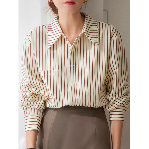 長袖條紋襯衫女秋季磨毛曡穿燈芯絨襯衣夏薄款復古通勤設計感上衣